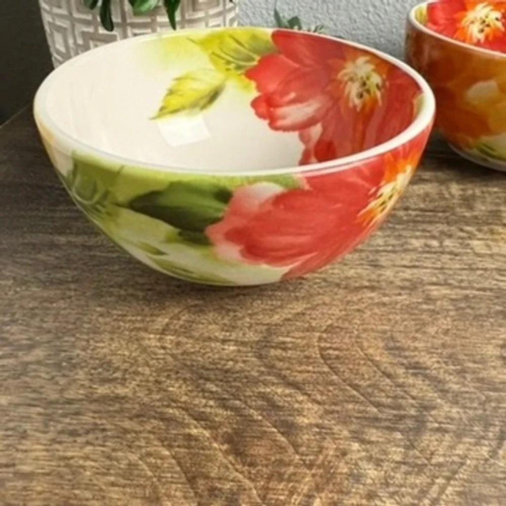Pier 1 Amelia Floral Ironstone Bowls Set of 2 Colorful Cottage Kitchen 6